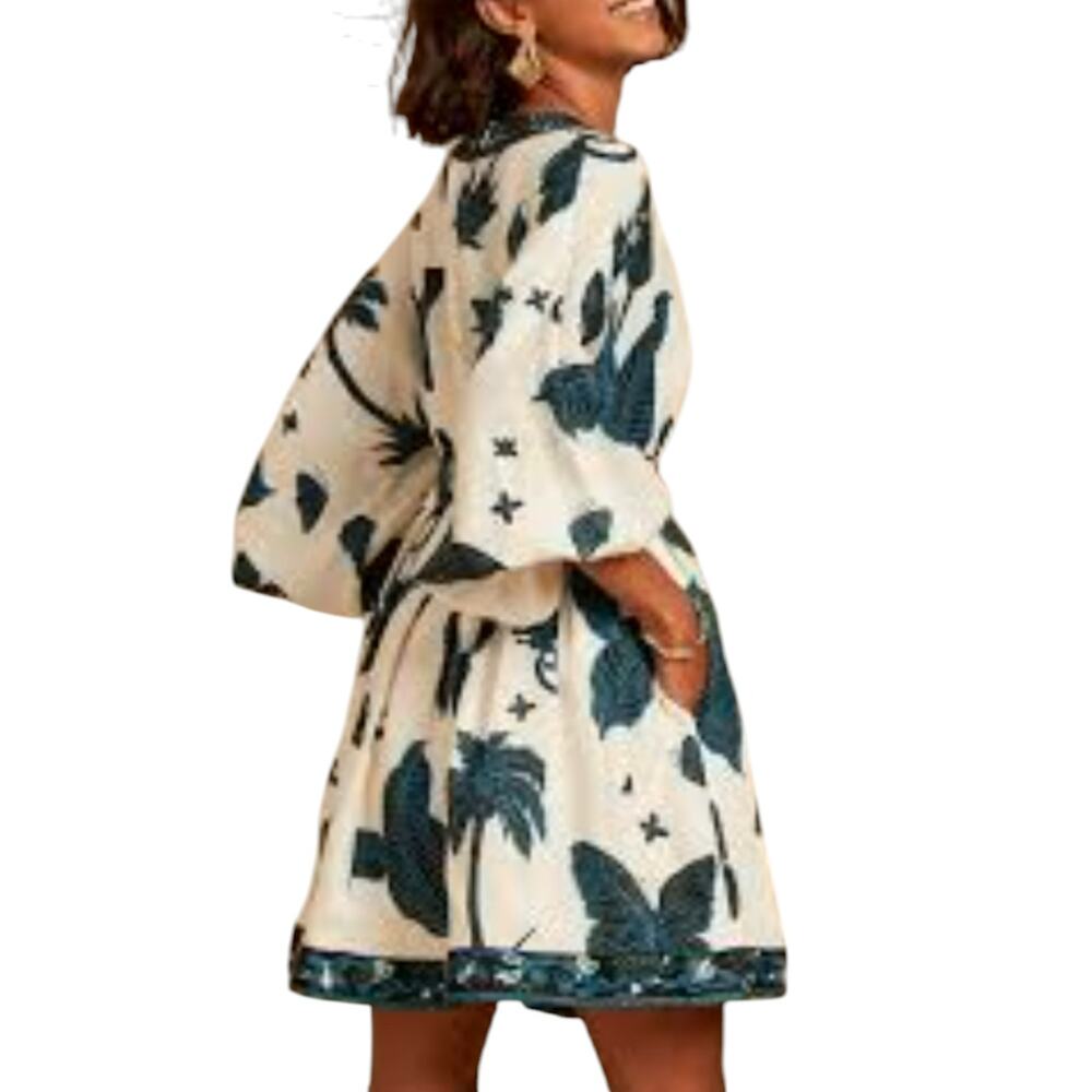 Banana Republic Linen Balloon Sleeve Mini Dress Butterfly Print Multi 12 NWOT